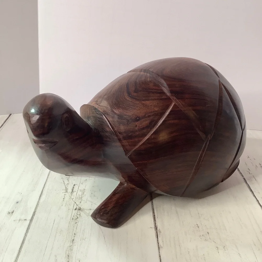 Vintage Handmade Wooden Turtle Statue Carved Wood Folk Art Animal Figurine